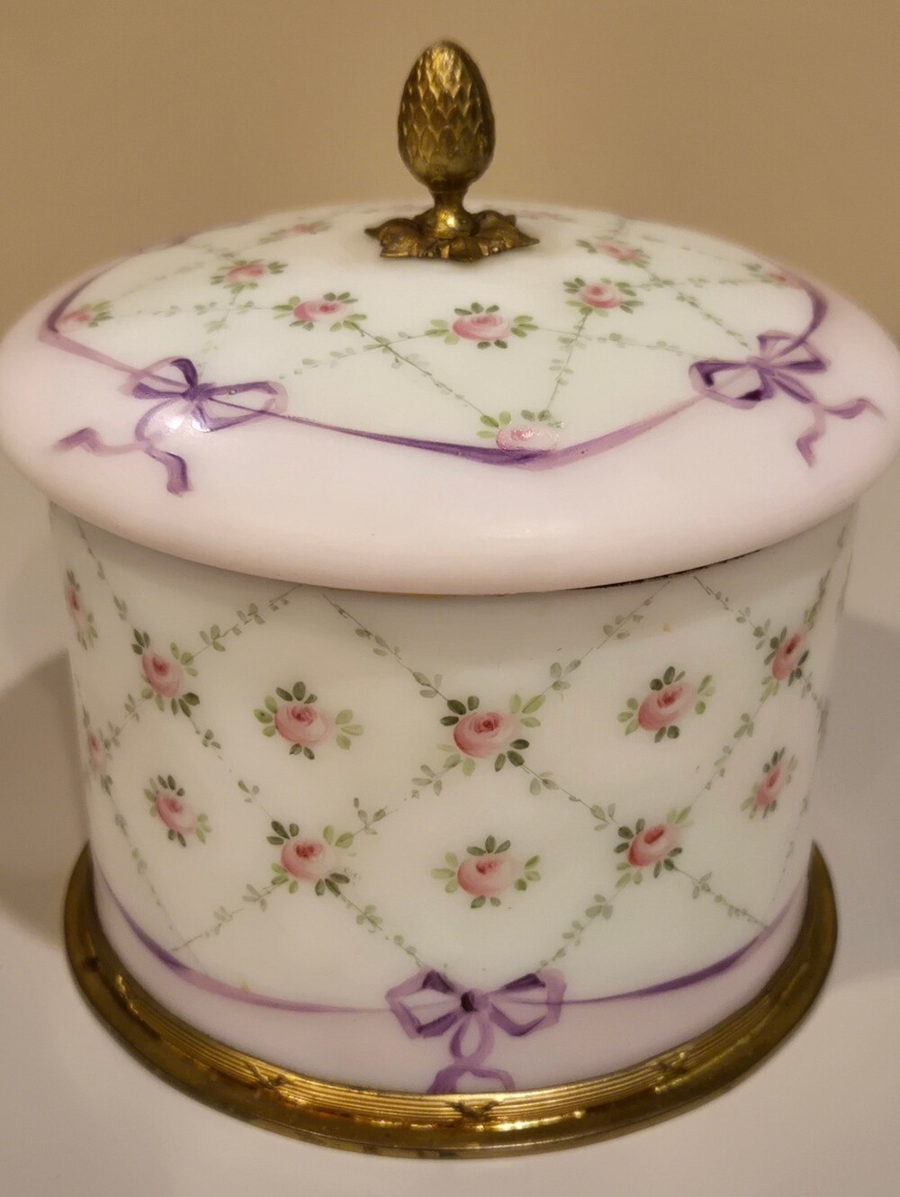 Antique And Brass Floral Pink & Purple Ribbon Covered Jewelry Trinket Box